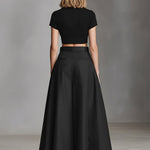 Women's Black Stretch-Knit & Woven Set With Cropped Top & Maxi Dress, Timeless Sleek-Chic Style Set