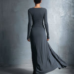 Women's Gray Exquisite Stretch Blended Fabric Wrap Dress - Knotted Maxi Dress