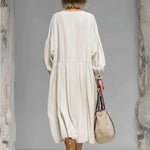 Loose Round-neck Button-front Double-pocket Cotton Long-sleeved Midi Dress
