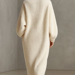 Women's Cream Elegant Faux Mink Knit Asymmetric Slit Midi Dress