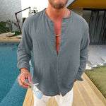 Men's Cotton and Linen Solid Color Long-sleeved Shirt