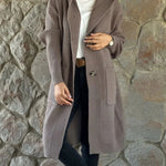 Women's Solid Color Knitted Sweater Hooded Long Coat