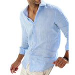Men's Casual Solid Color Cotton Linen Lapel Collar Breathable Long Sleeve Shirt