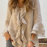 Women's Ruffles Casual Cotton And Linen 3/4 Sleeves Shirt