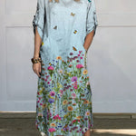 Women's Flowers Art Print Comfortable Linen Pocket Dress