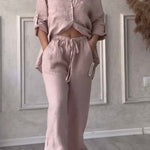 Casual solid color cotton and linen pants two-piece set
