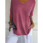 Women's Solid Color Knitted 3/4 Sleeve V-neck Top