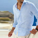 Men's Casual Solid Color Cotton Linen Lapel Collar Breathable Long Sleeve Shirt