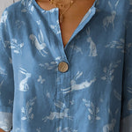 Spring Woodland Rabbit Repeat Pattern Printed Women's Casual Cotton Linen Shirt