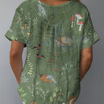 Woodland And Animals Pattern Printed Women's Casual Cotton And Linen Shirt