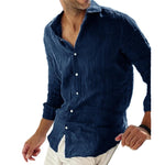 Men's Casual Solid Color Cotton Linen Lapel Collar Breathable Long Sleeve Shirt