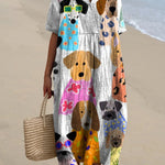 Women's Minimalist Colorful Cartoon Puppy Print Flowy Dress