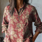 Women's Vintage Lovely Floral Art Print Casual Cotton And Linen Shirt