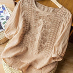 Women's Mid Sleeve Cotton And Linen Embroidery Blouse
