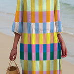 Colorful Rectangle Block Pattern Printed Women's Pocket Cotton Dress
