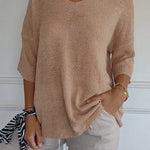 Women's Solid Color Knitted 3/4 Sleeve V-neck Top