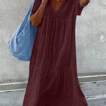 Women's V-Neck Short Sleeve Cotton And Linen Midi Dress