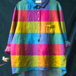 Women's Colorful Plaid Art Print Casual Cotton And Linen Shirt