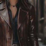 Women's Vintage Lapel Button Leather Long Jacket