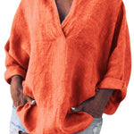 Women's Cotton and Linen V-neck Long-sleeved Pullover Top