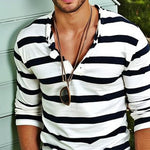 Men's Casual Striped Henley Collar Cotton Blend Long Sleeve T-Shirt