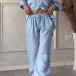 Casual solid color cotton and linen pants two-piece set