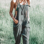 Women's Casual Cotton And Linen Stripe Pattern Printed Jumpsuit