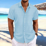 Men's Cotton Linen Stripe Print Loose Short Sleeve Lapel Shirt