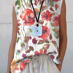 Watercolor Poppy Floral Art Printed Women's Casual  Cotton And Linen Tank Top