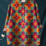Women's Vintage Four-leaf Clover Floral Print Casual Cotton And Linen Shirt
