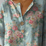 Retro Style Ditsy Rose Pattern Printed Women's Casual Cotton Linen Shirt