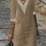V-neck Mid-sleeved Cotton and Linen Casual Dress