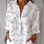 Women's Purple Floral Print Casual Linen V-neck Shirt