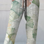 Women's Vintage Leaves Floral Printed Cotton And Linen Casual Pants