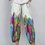 Funny Colorful Sardine Fish Art Printed Women's Cotton And Linen Casual Pants