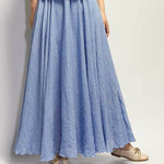 Women's Cotton Linen Skirt Casual Elastic High Waist Pleated A-Line Beach Skirts