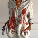Women's Red Fish Vintage Art Print Casual Cotton Shirt