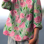 Vintage Lovely Floral Art Print Casual Cotton And Linen Shirt