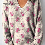 Watercolor French Rose Repeat Pattern Print Buttoned Cardigan Sweater