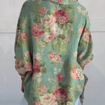 Women's Vintage Elegant Floral Art Print Casual Linen V-neck Shirt