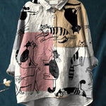 Vintage Funny Cats Art Print Casual Cotton And Linen Shirt