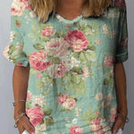 Women's Retro Floral Art Print Casual Cotton And Linen Shirt