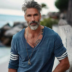 Men's Loose V-Neck Striped Patchwork Cotton Long-Sleeved T-Shirt