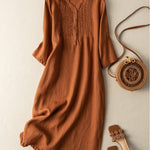 Cotton And Linen V-Neck Pleated Loose Dress