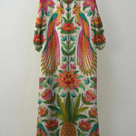 Women's Vintage Lovely Floral Birds Art Print Pocket Cotton Dress