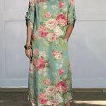 Women's Vintage Floral Art Printed Casual Comfortable Linen Pocket Dress