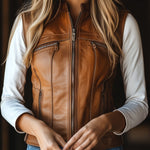 Retro Stand Collar Zipper-up Faux Leather Waistcoat