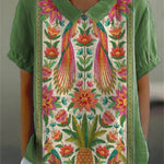 Women's Vintage Ethnic Elegant Floral Birds Art Print Casual Cotton And Linen Shirt