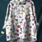 Spring Botanical Garden Pattern Printed Women's Casual Cotton And Linen Shirt