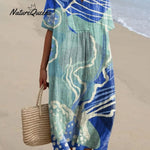 Women's Hand Painted Dark Blue Ocean Art Print Casual Cotton Shirt